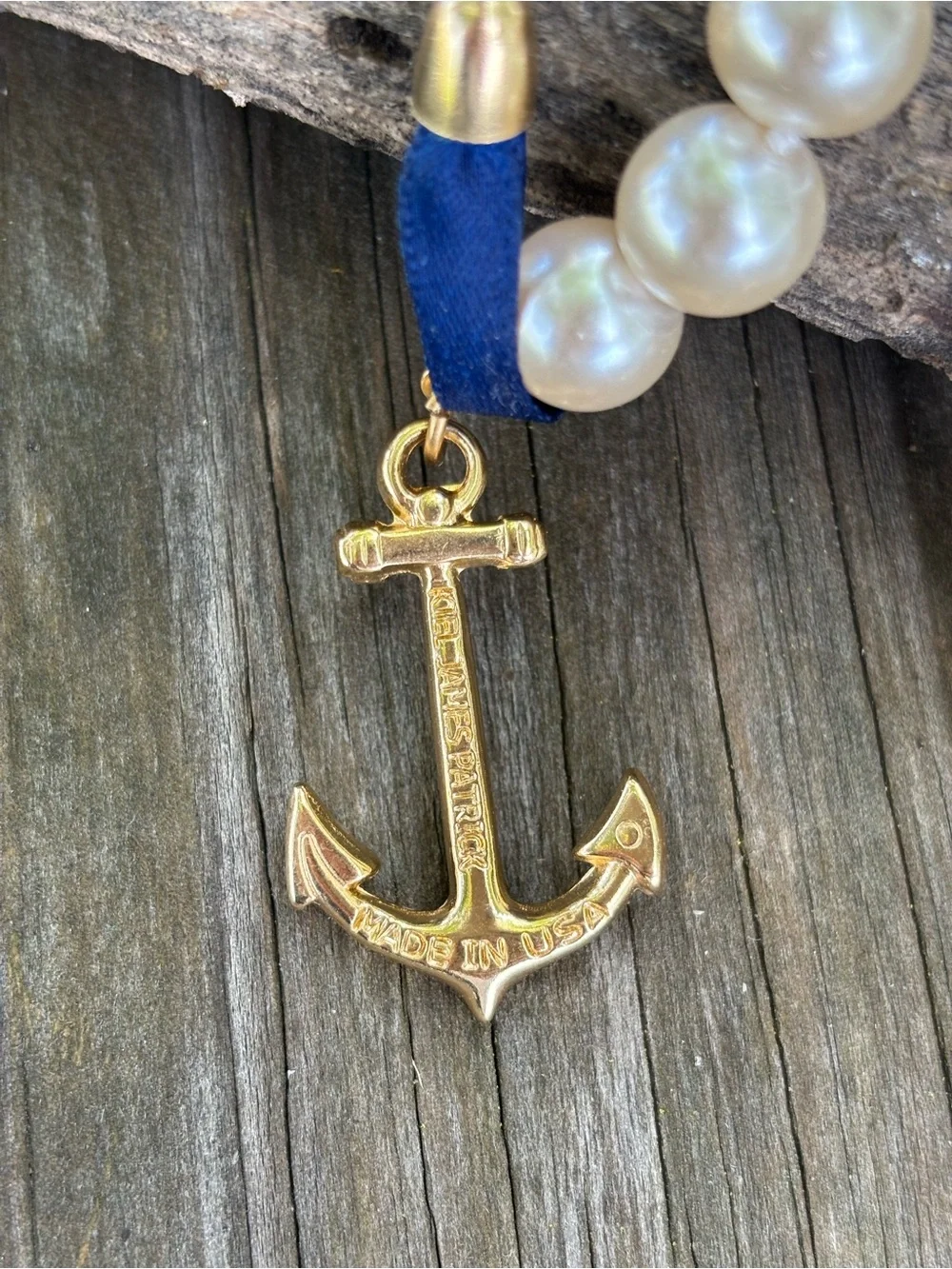 Kiel James Patrick Pearl Bead Necklace with Gold Anchor Charm and Navy Accent